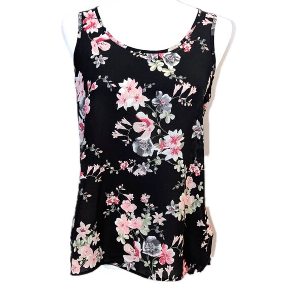 Express	| Open Ladder-Back Panels Floral Sleeveless Top Black | Size Small - Picture 2 of 10